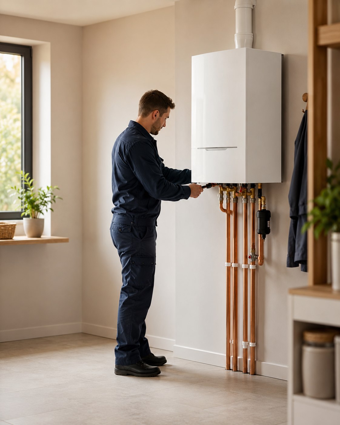 Servis plynového kotla — technik pri práci